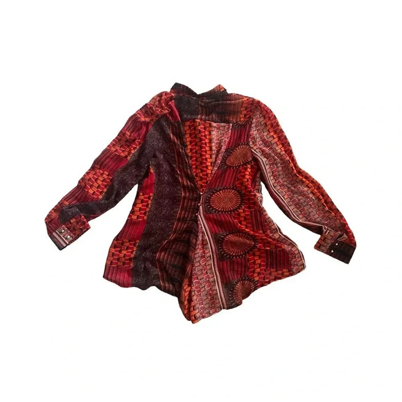 Sans Souci Orange Black Red Aztec Long Sleeve Button Down Sheer‎ Top Size Large - Picture 2 of 4